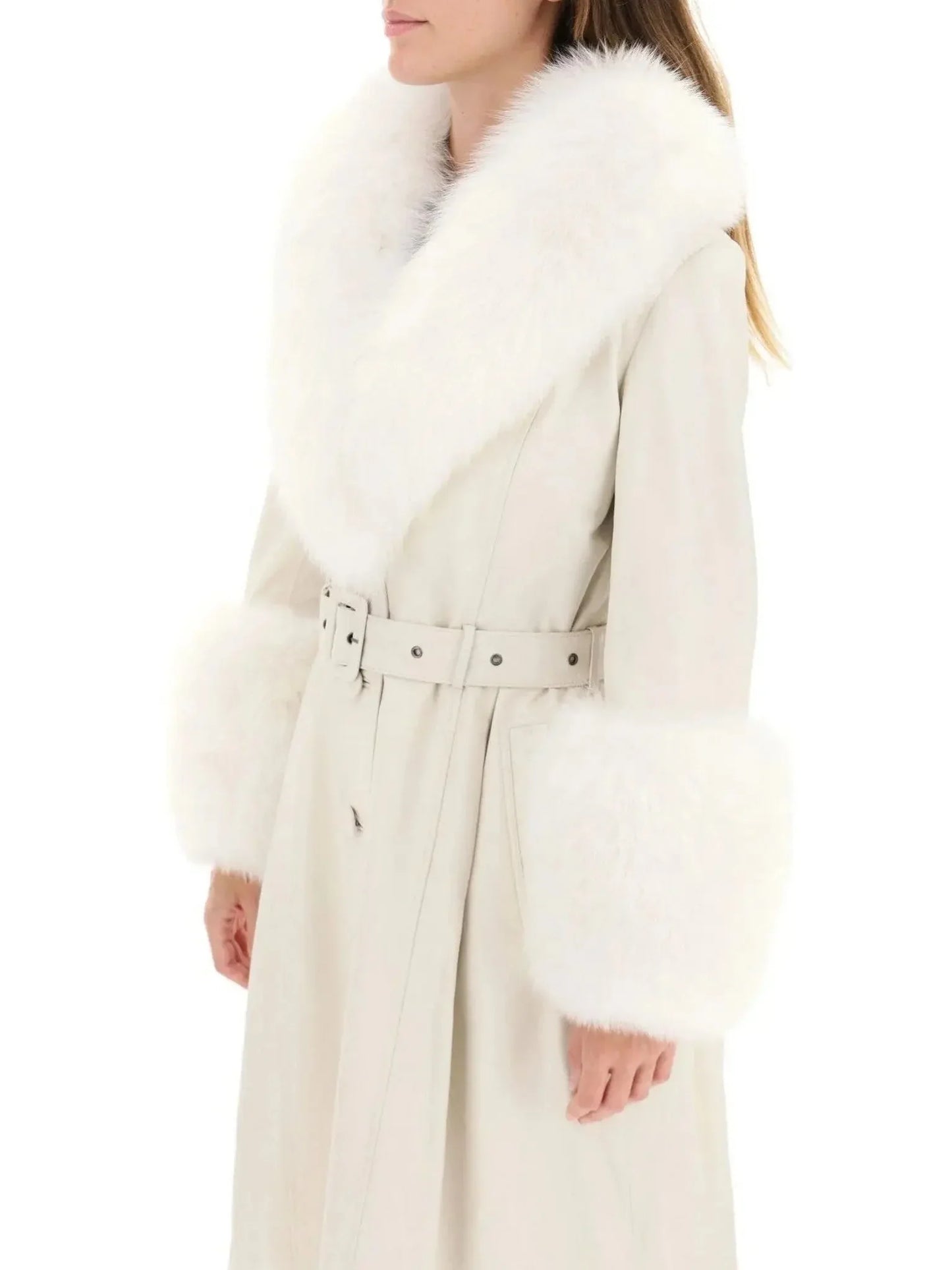 Fur-Trim Leather Coat White - Coats