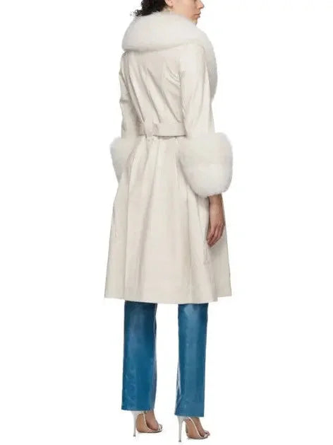 Fur-Trim Leather Coat White - Coats