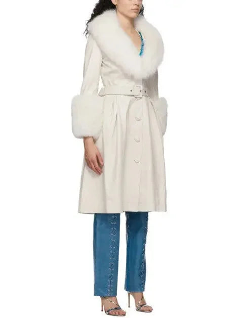Fur-Trim Leather Coat White - Coats