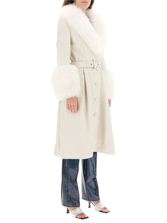 Fur-Trim Leather Coat White - Coats