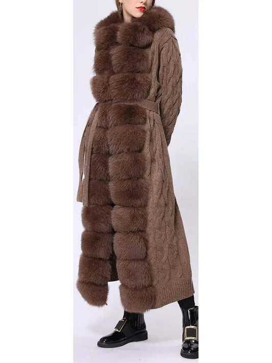Fur-Trim Long Knit Cardigan Sweater-Coat in Brown - Sweaters & Knitwear