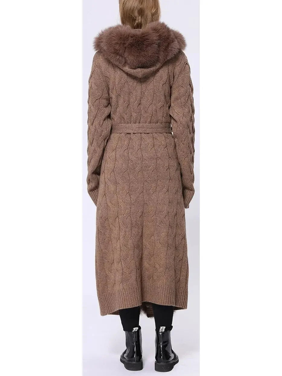 Fur-Trim Long Knit Cardigan Sweater-Coat in Brown - Sweaters & Knitwear