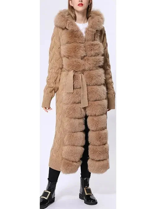 Fur-Trim Long Knit Cardigan Sweater-Coat in Khaki - Sweaters & Knitwear