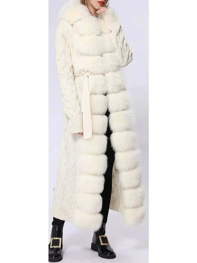 Fur-Trim Long Knit Cardigan Sweater-Coat in White - Sweaters & Knitwear