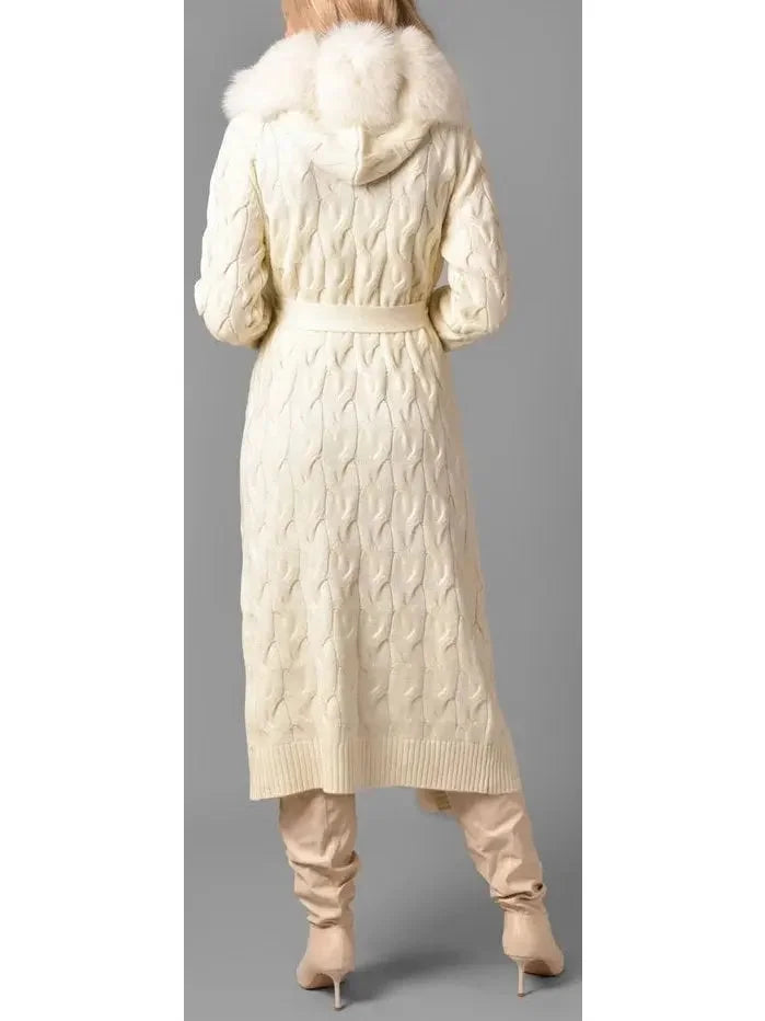 Fur-Trim Long Knit Cardigan Sweater-Coat in White - Sweaters & Knitwear