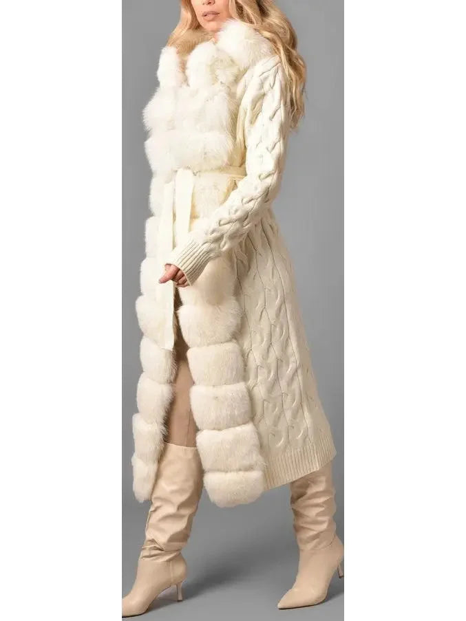 Fur-Trim Long Knit Cardigan Sweater-Coat in White - Sweaters & Knitwear
