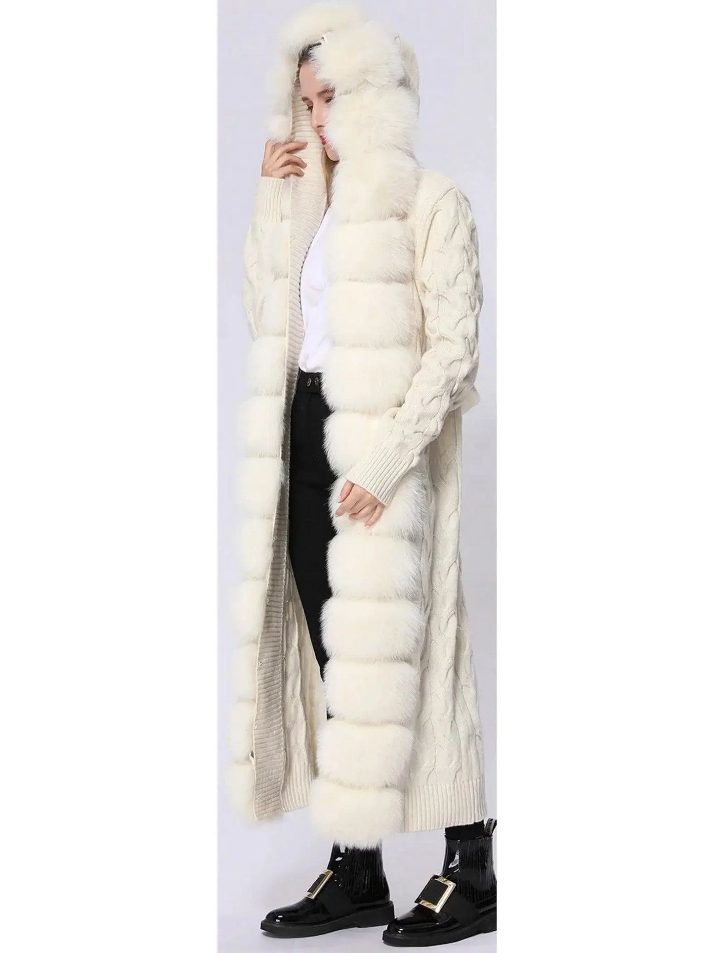 Fur-Trim Long Knit Cardigan Sweater-Coat in White - Sweaters & Knitwear