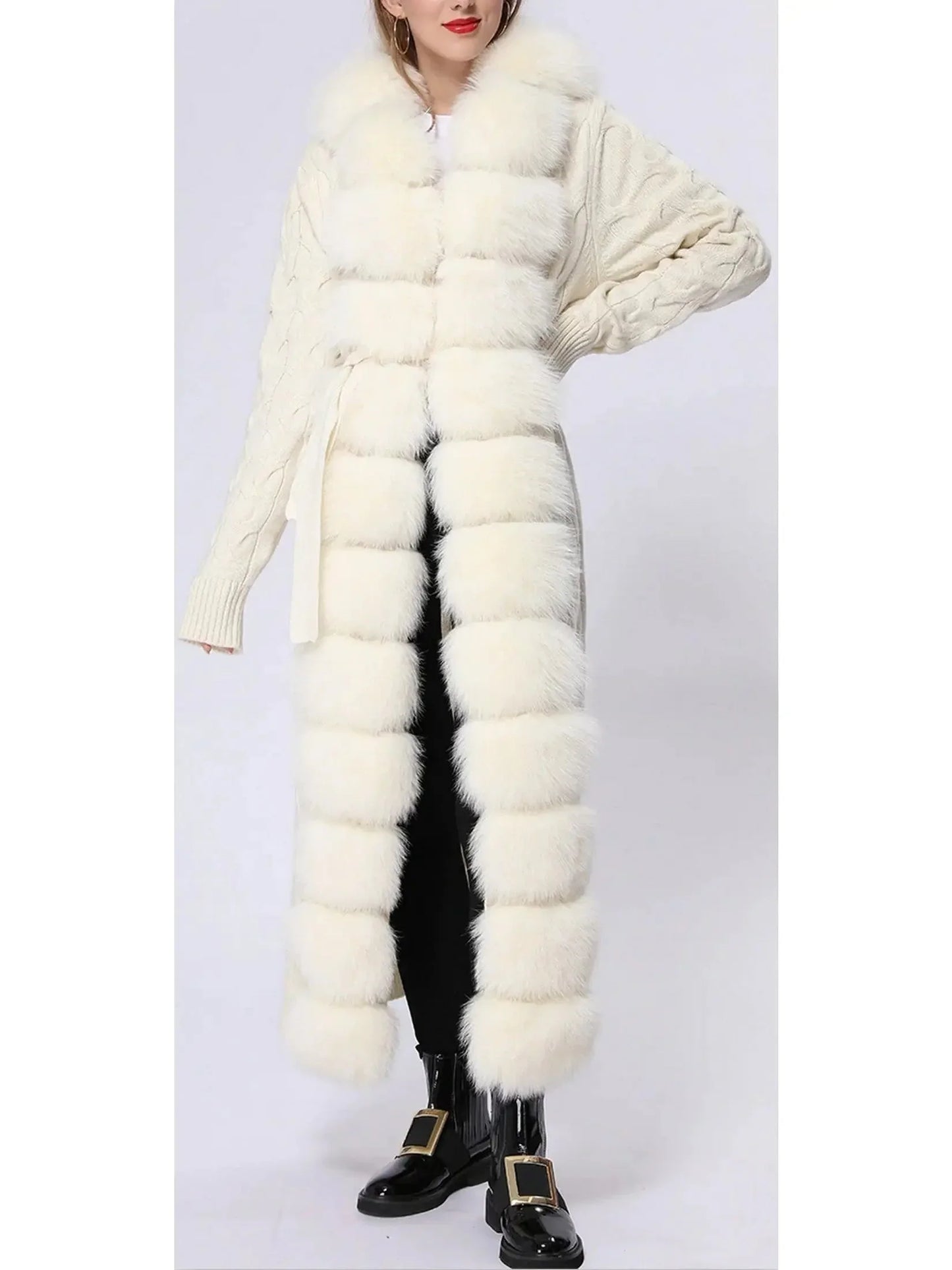 Fur-Trim Long Knit Cardigan Sweater-Coat in White - Sweaters & Knitwear