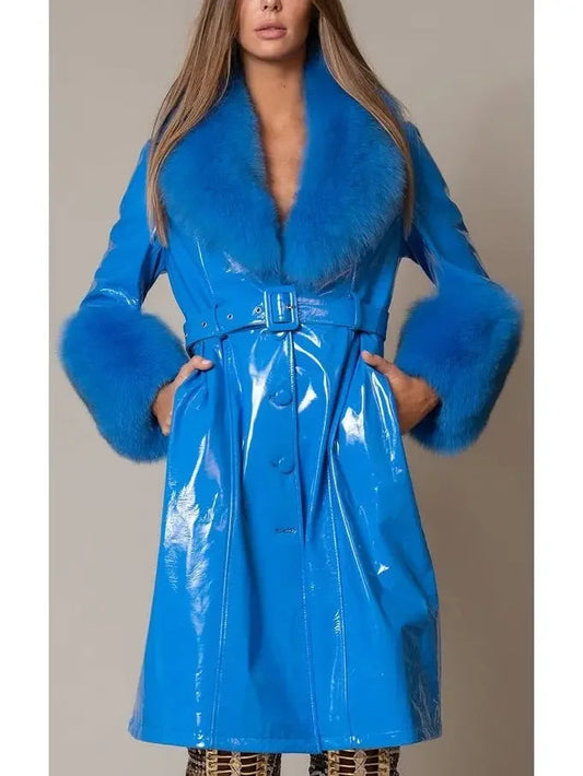 Fur-Trim Patent Leather Coat Blue - Coats