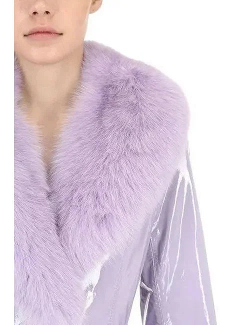 Fur-Trim Patent Leather Coat Lilac - Coats