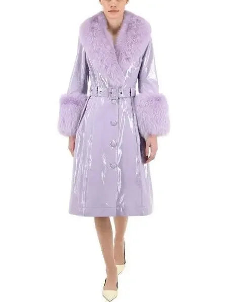 Fur-Trim Patent Leather Coat Lilac - Coats