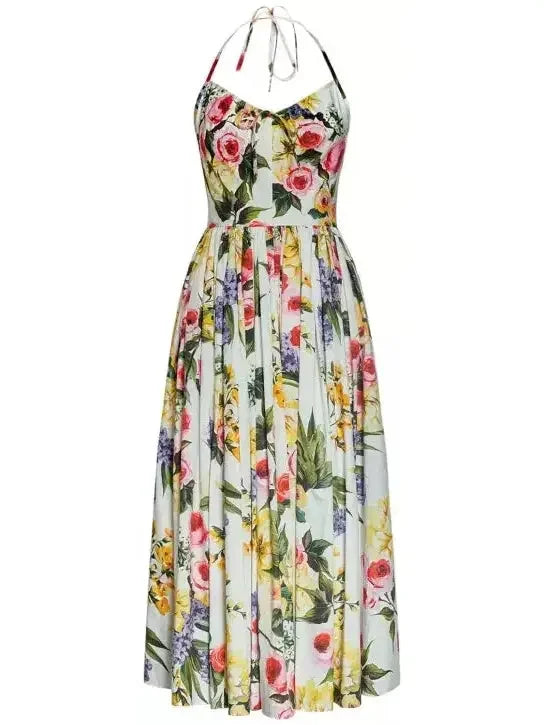 Garden Floral Print Pleated Cotton Poplin A-Line Dress - Dresses