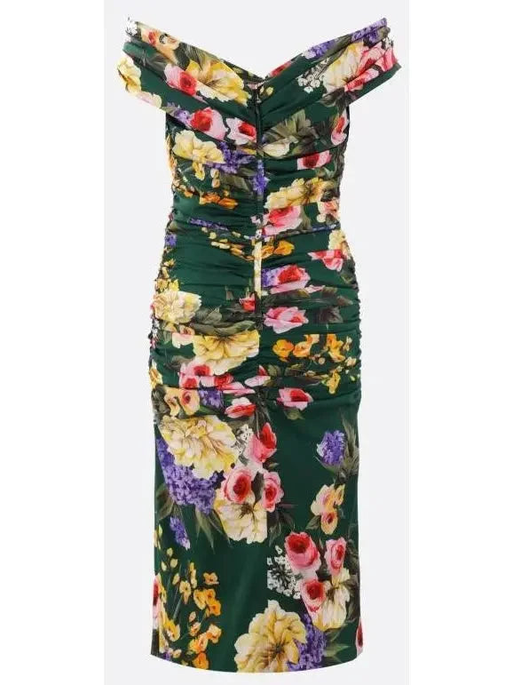 Garden Print Charmeuse Draped Sheath Dress - Dresses
