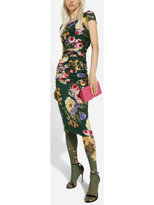 Garden Print Charmeuse Draped Sheath Dress - Dresses