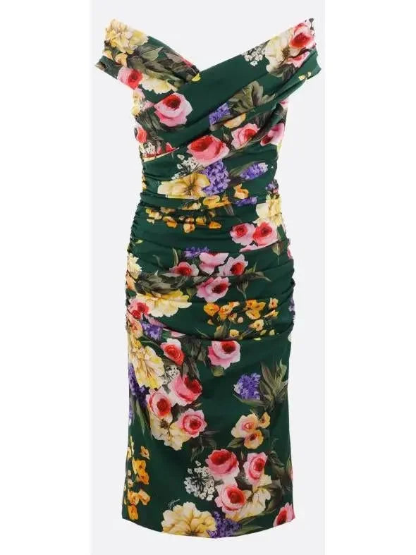 Garden Print Charmeuse Draped Sheath Dress - s - Dresses