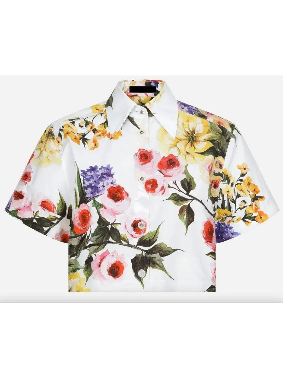 Garden Print Short Cotton Shirt - Tops