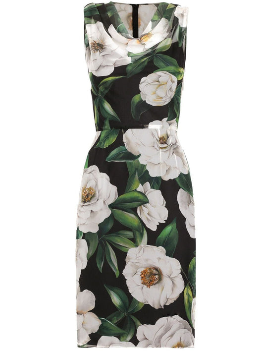 Gardenia Floral Print Draped Collar Silk Dress - Dresses
