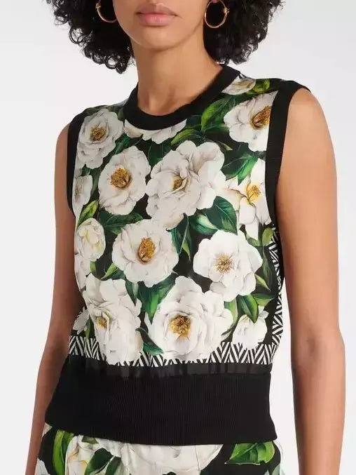 Gardenia Print Silk and Wool Sleeveless Sweater - Sweaters & Knitwear