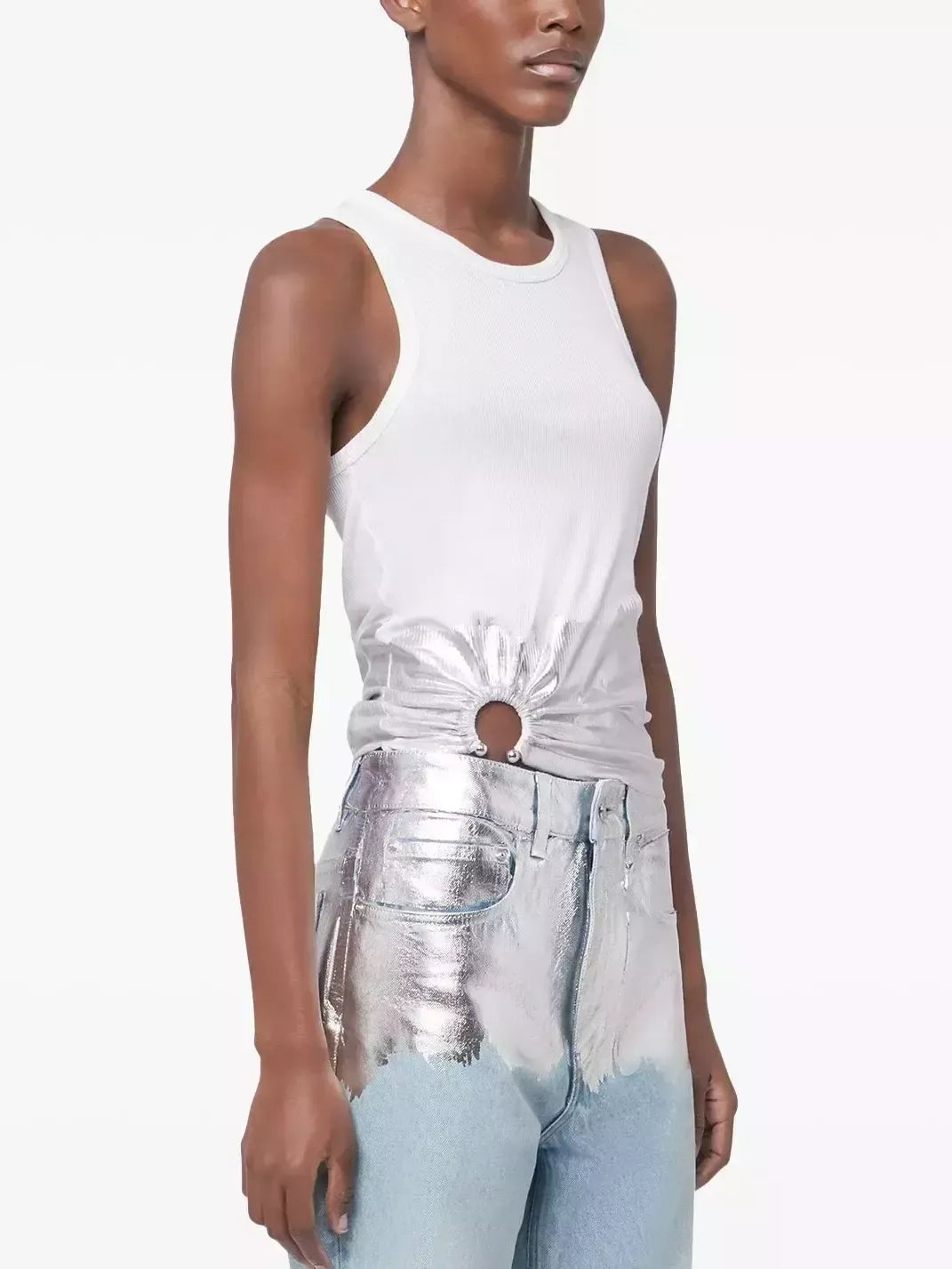 Gathered Metallic-Detail White Tank Top - Tops