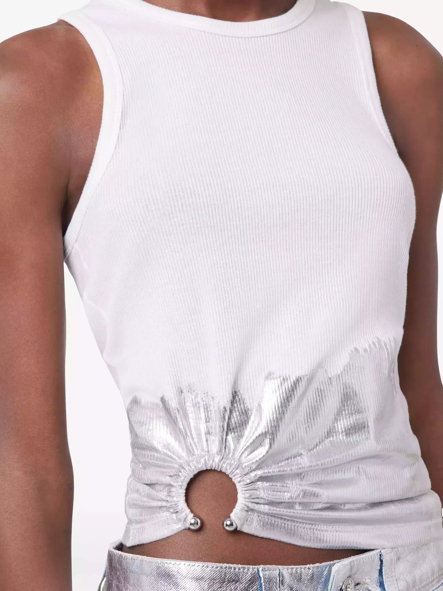 Gathered Metallic-Detail White Tank Top - Tops