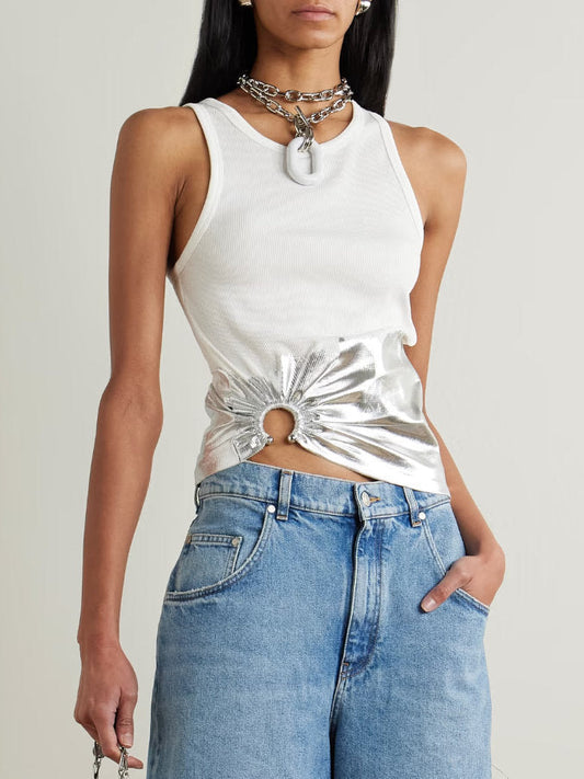 Gathered Metallic-Detail White Tank Top - Tops