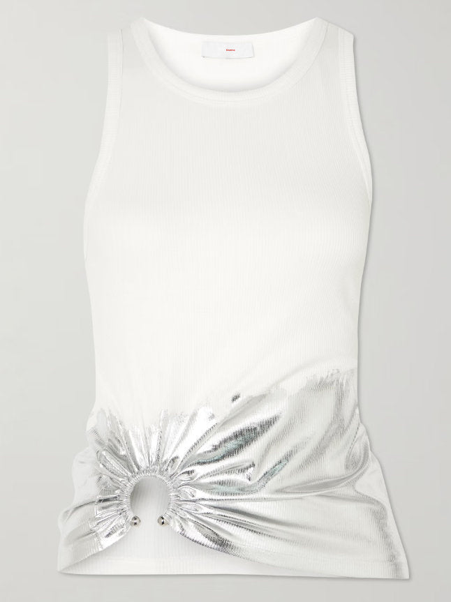 Gathered Metallic-Detail White Tank Top - Tops