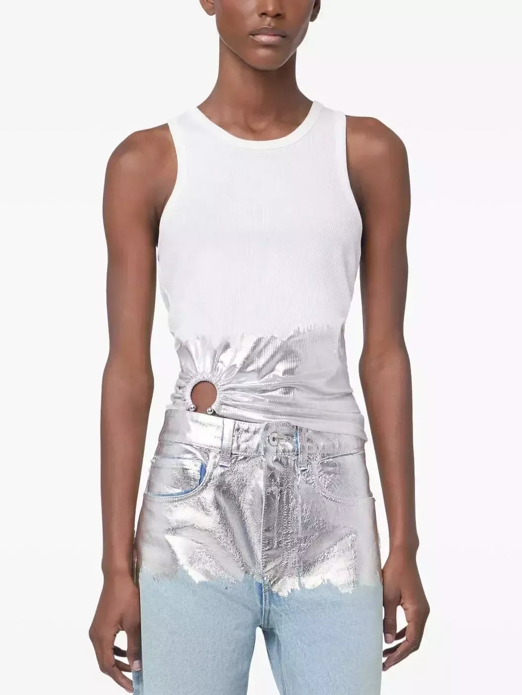 Gathered Metallic-Detail White Tank Top - Tops