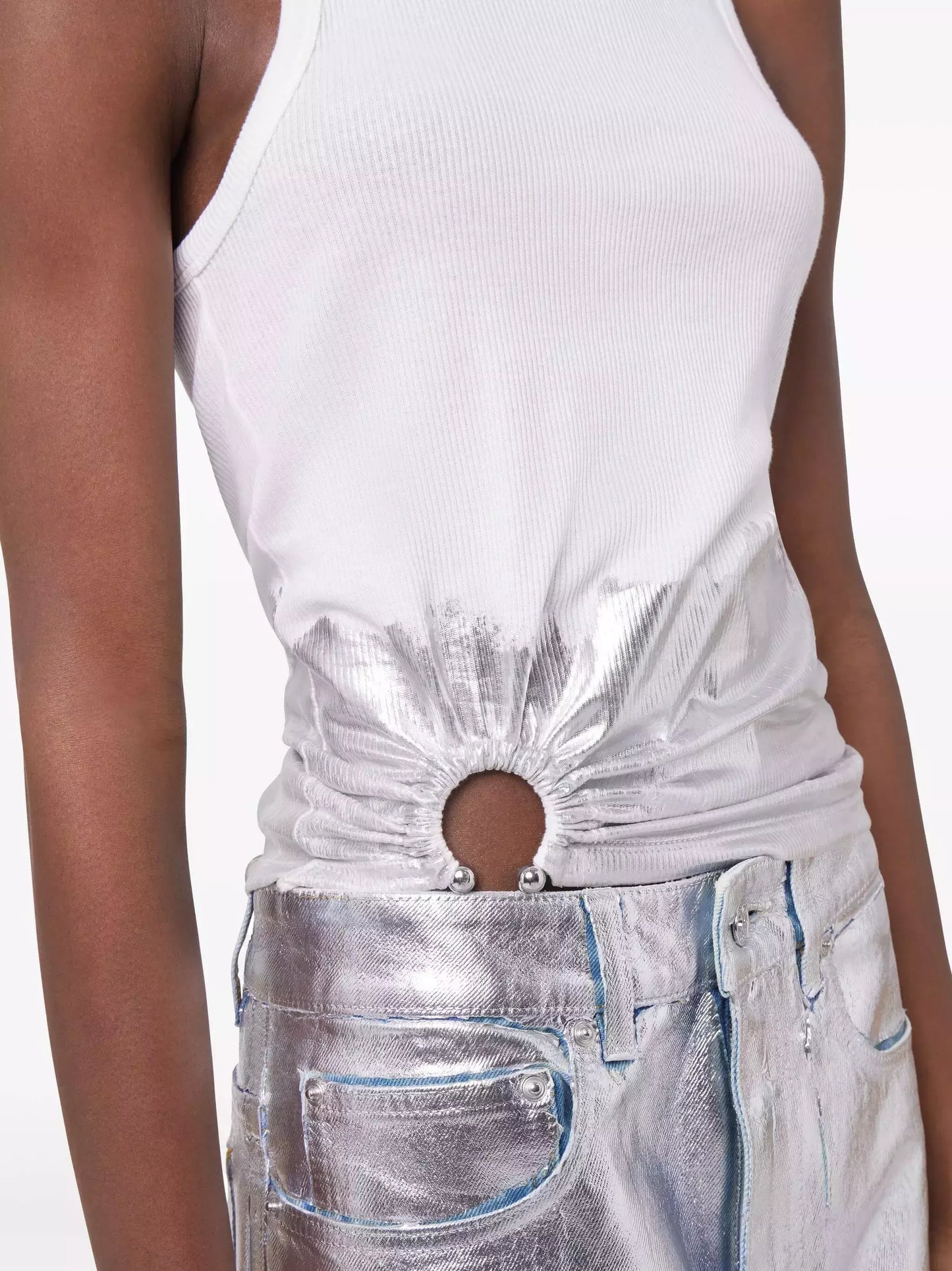 Gathered Metallic-Detail White Tank Top - Tops