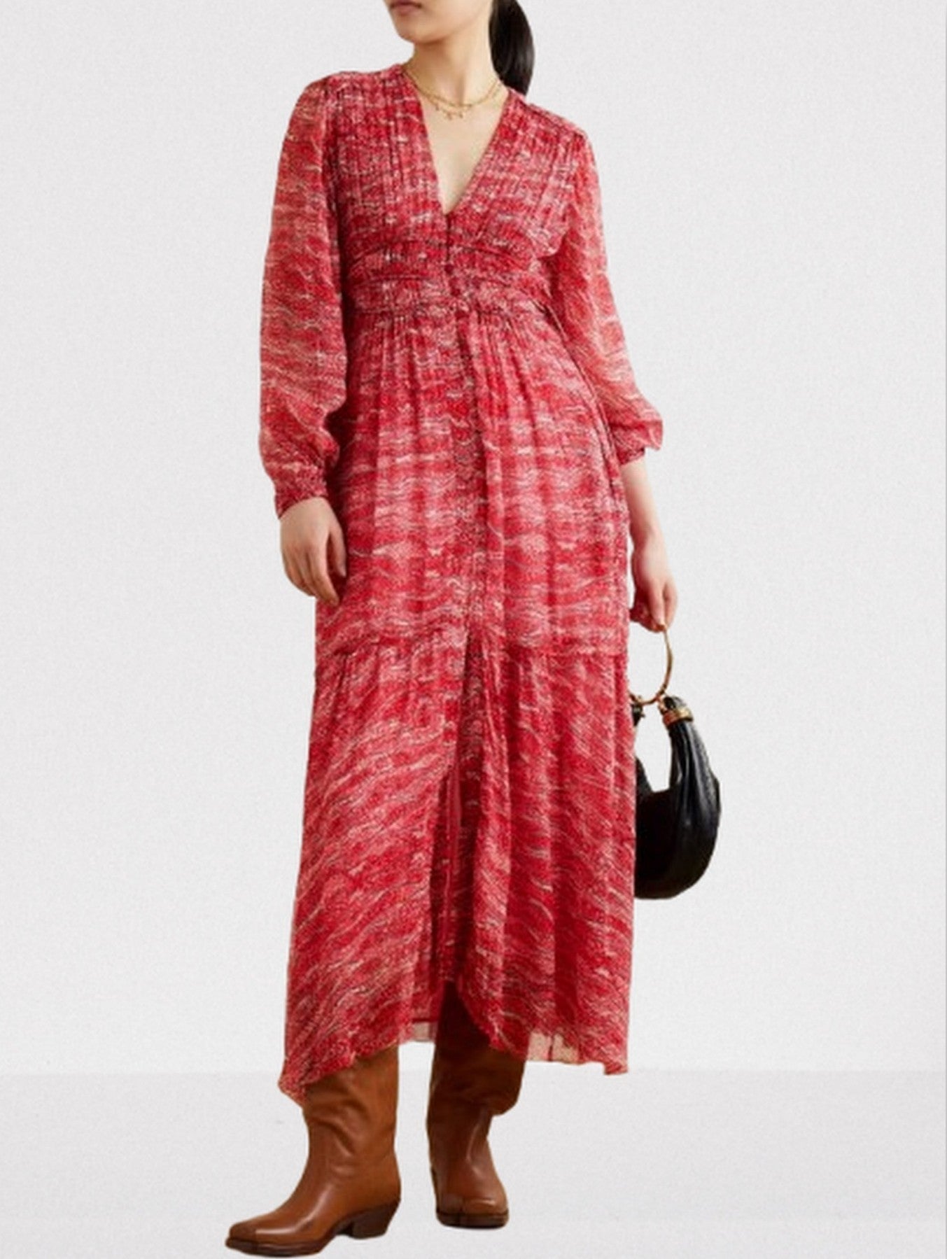 Gathered Printed Long-Sleeve Midi Dress - Dresses