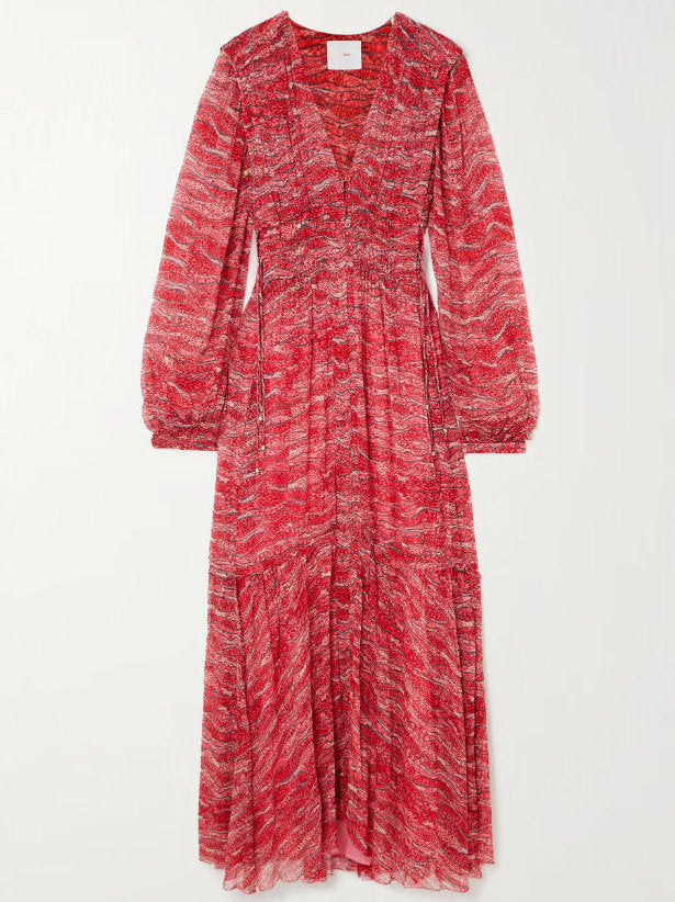 Gathered Printed Long-Sleeve Midi Dress - Dresses
