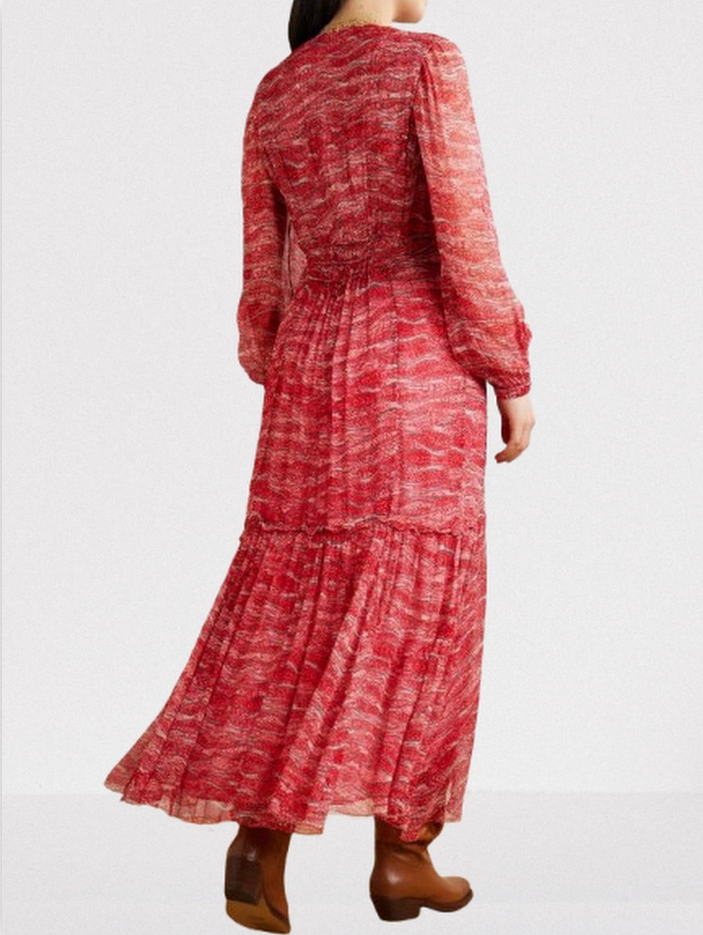 Gathered Printed Long-Sleeve Midi Dress - Dresses