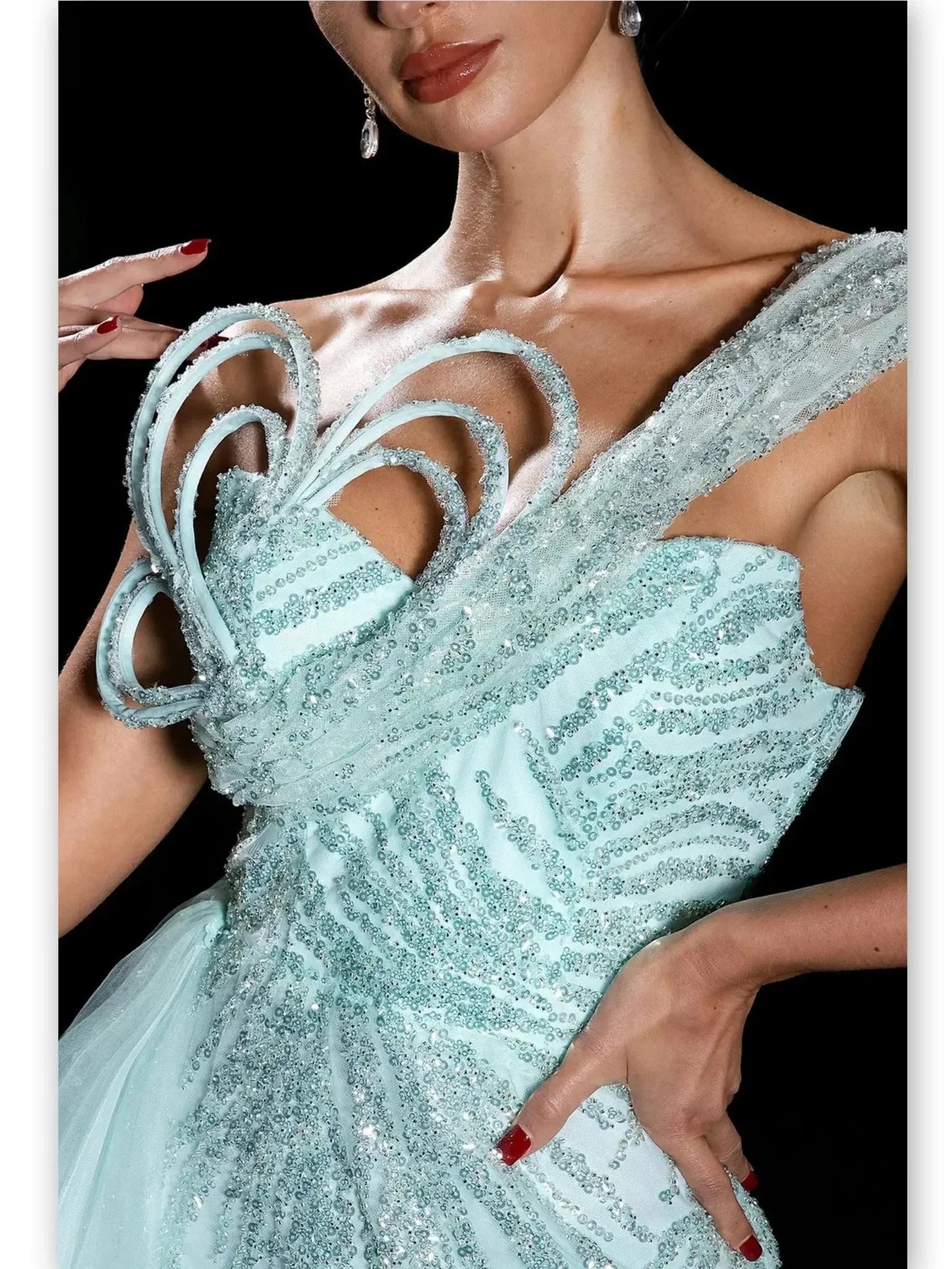 Gathered Sequined One-Shoulder Mesh Gown in Mint - Dresses