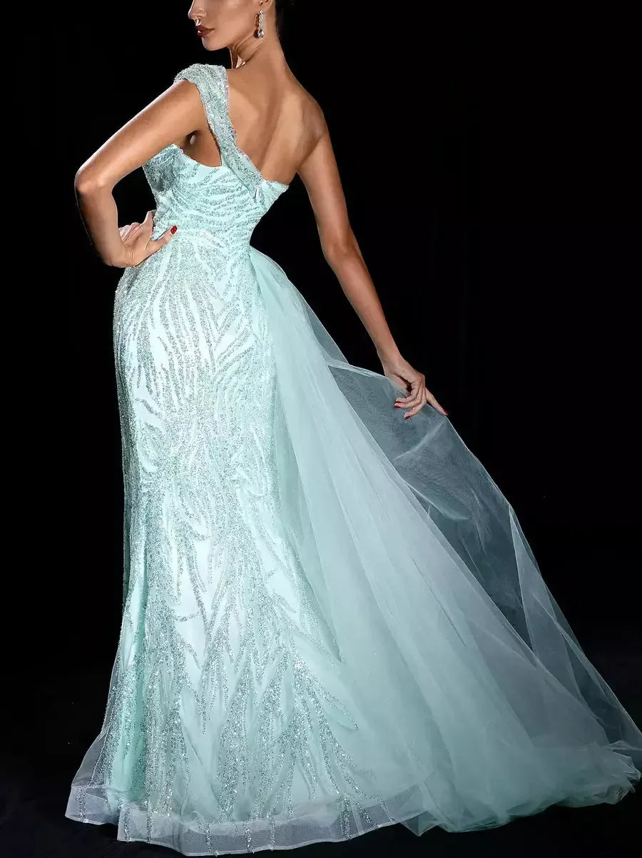 Gathered Sequined One-Shoulder Mesh Gown in Mint - Dresses