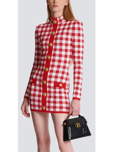 Gingham Fine Knit Dress in Red and White - Dresses
