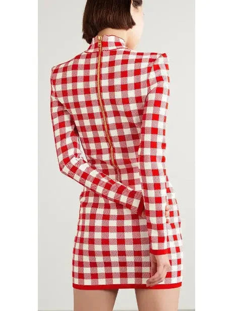 Gingham Fine Knit Dress in Red and White - Dresses