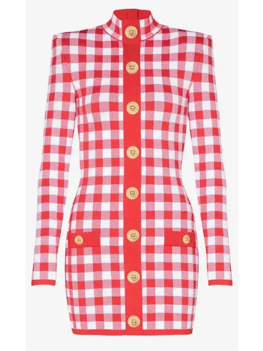 Gingham Fine Knit Dress in Red and White - Dresses