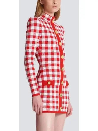 Gingham Fine Knit Dress in Red and White - Dresses
