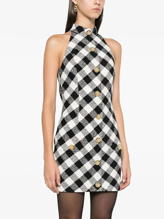 Gingham Tweed Halter-Neck Mini Dress - Dresses