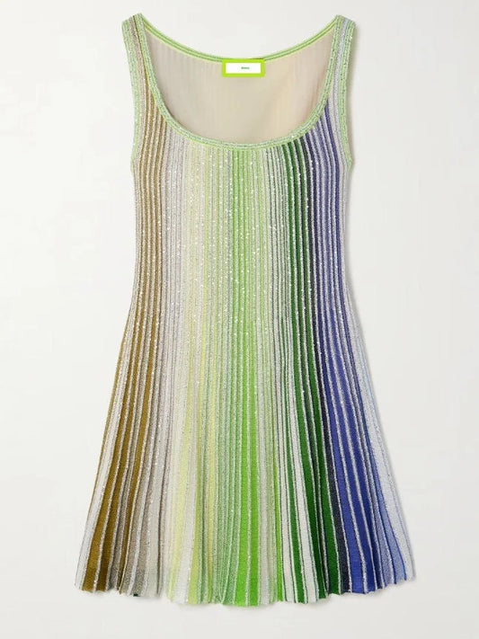 Glitter Striped Flared Knit Tank Dress in Green and Multi - Dresses