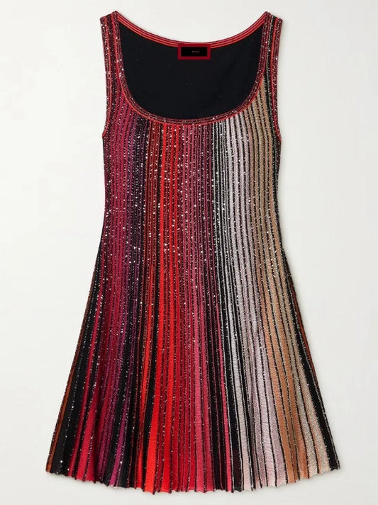 Glitter Striped Flared Knit Tank Dress in Red and Multi - Dresses