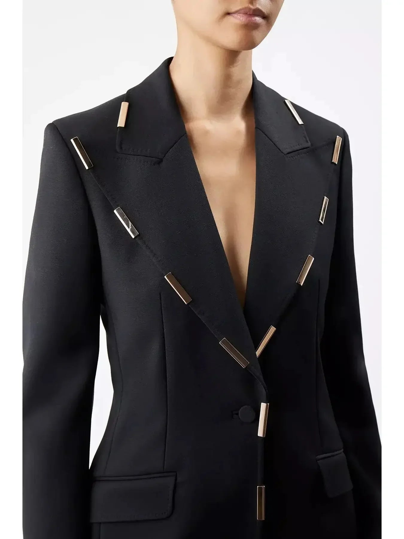 Gold-Bar Embellished Blazer & Pant Suit Black - Suits & Sets