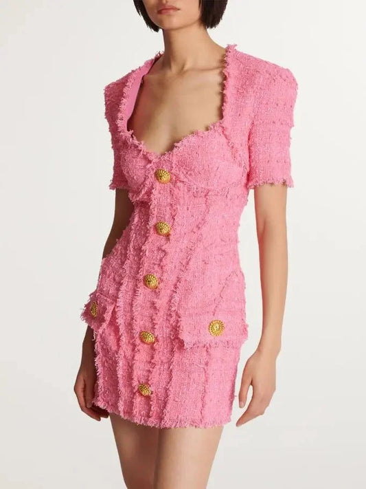 Gold-Buttoned Pink Tweed Short-Sleeve Mini Dress - Dresses