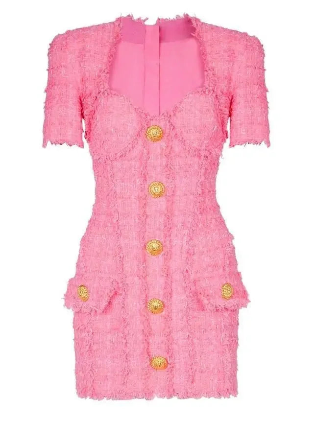 Gold-Buttoned Pink Tweed Short-Sleeve Mini Dress - Dresses