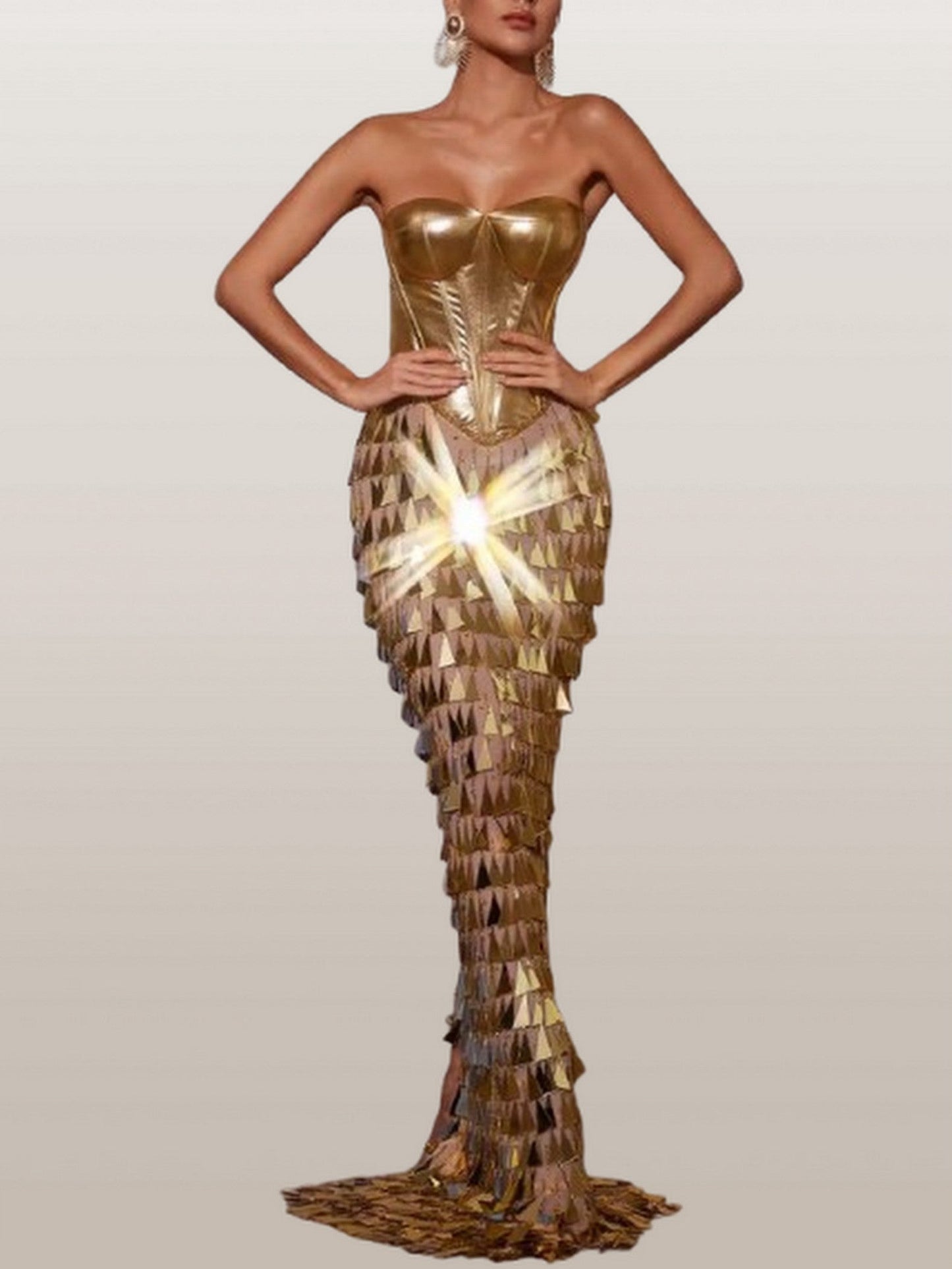 Gold Corset Gown with Hanging Applique Details - Dresses