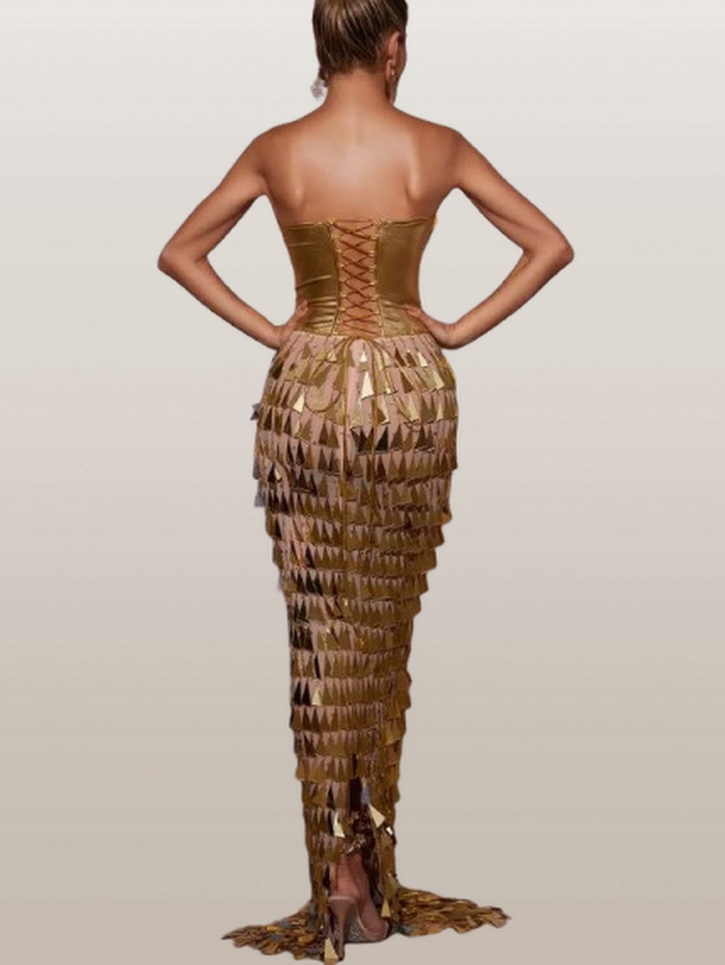 Gold Corset Gown with Hanging Applique Details - Dresses