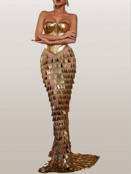 Gold Corset Gown with Hanging Applique Details - XS - Dresses