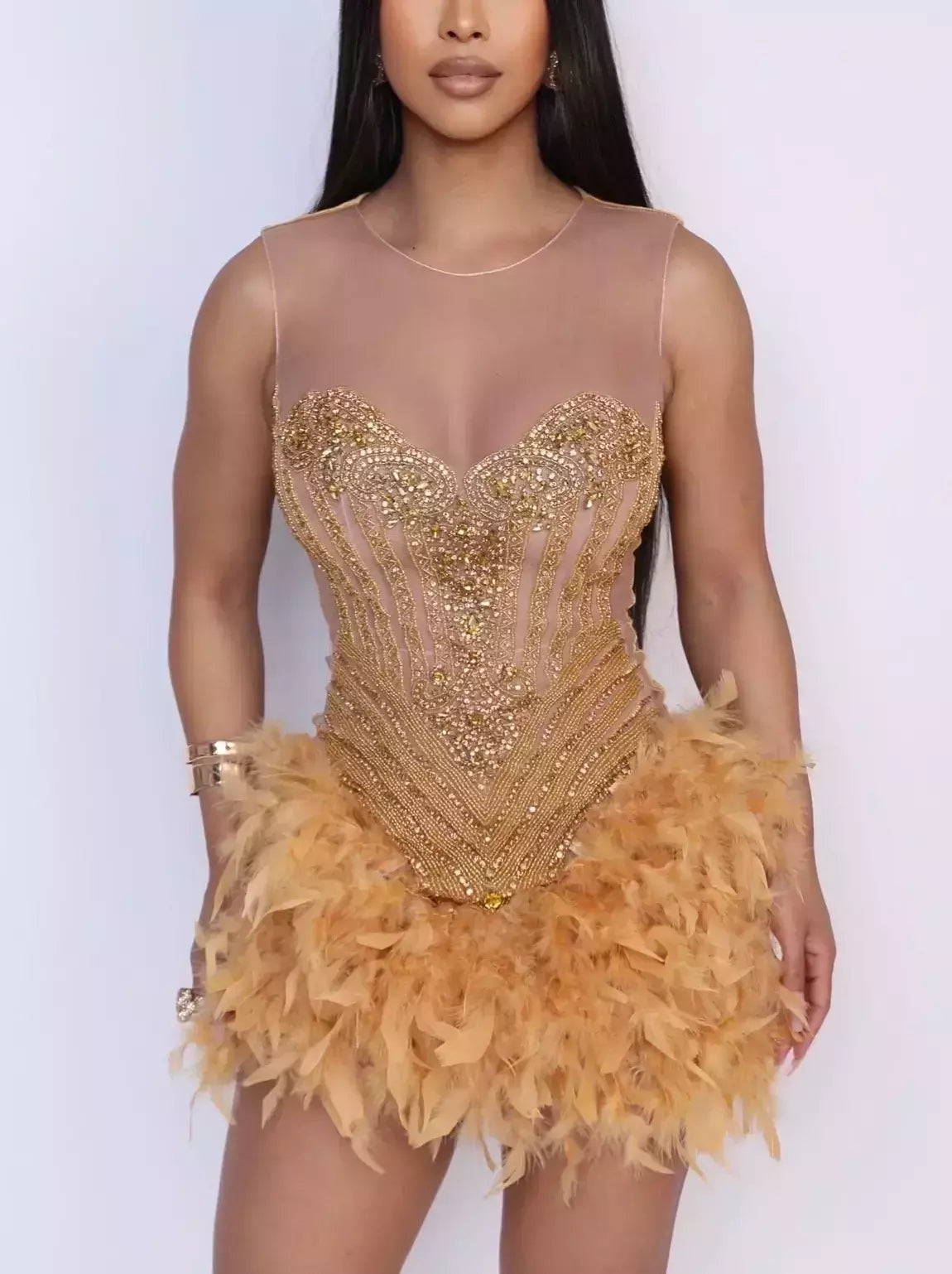Gold Embellished Feather-Trim Semi-Sheer Mini Dress with beads and feathers