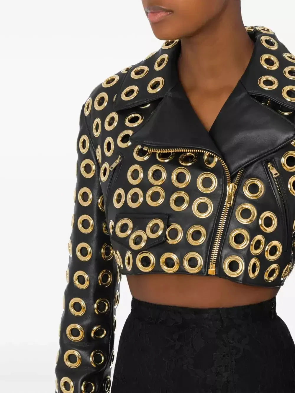 Gold Eyelet-Embellished Biker Jacket - Jackets