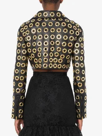 Gold Eyelet-Embellished Biker Jacket - Jackets