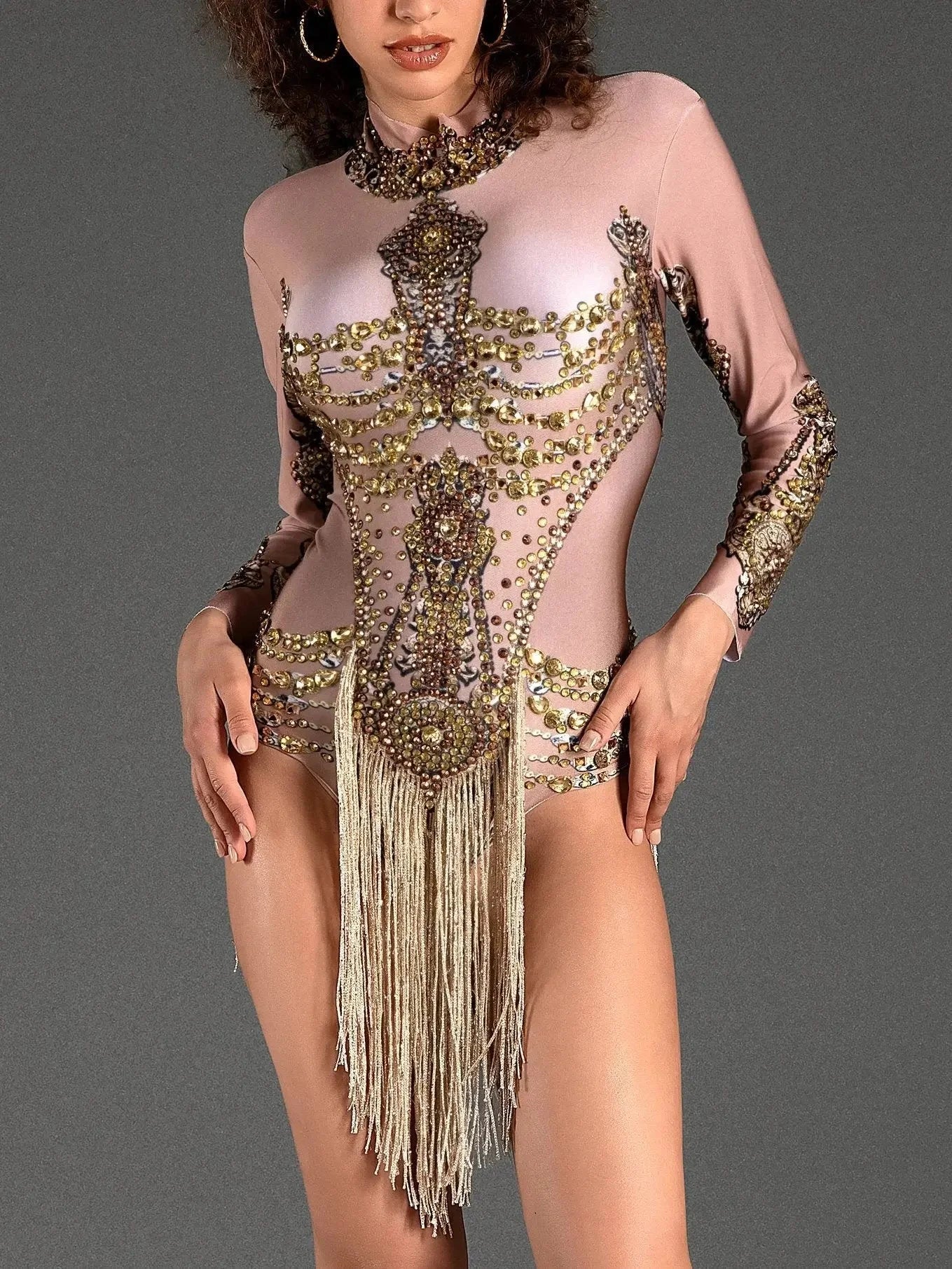 Gold Fringed and Rhinestone Embellished Gladiator Style Bodysuit - Suits & Sets